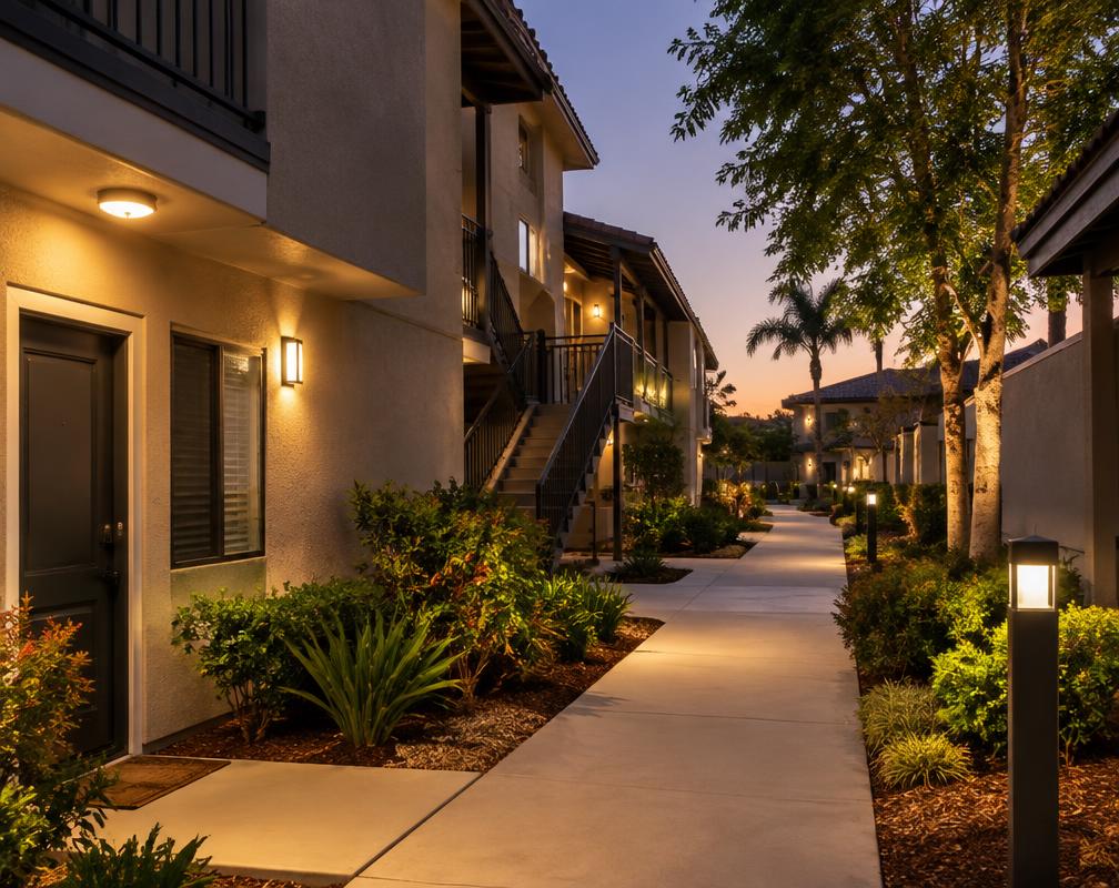 Common-area property lighting at dusk