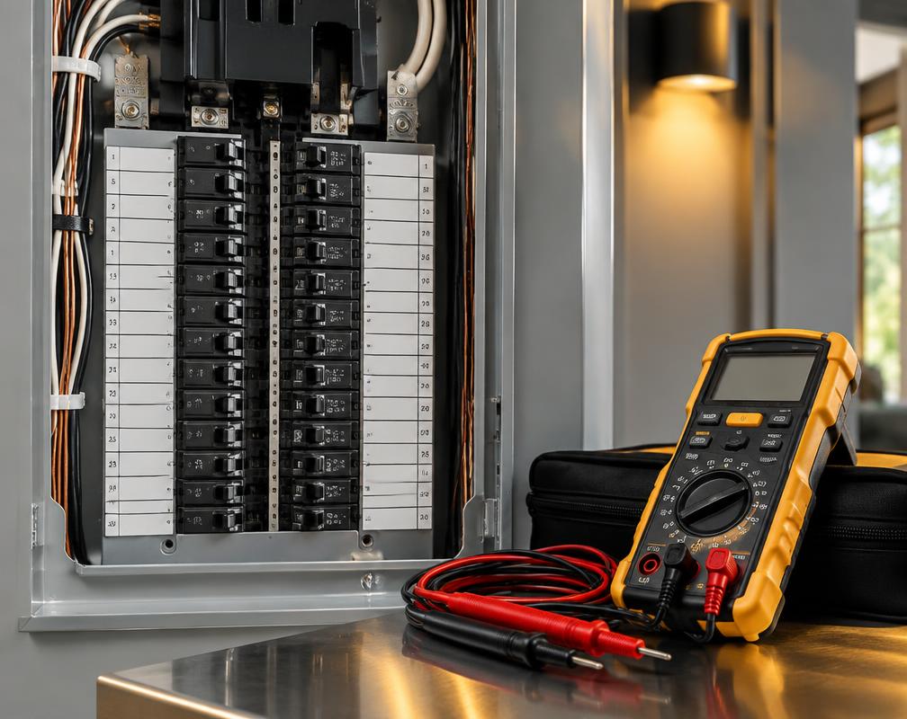 Electrical troubleshooting tools beside a panel